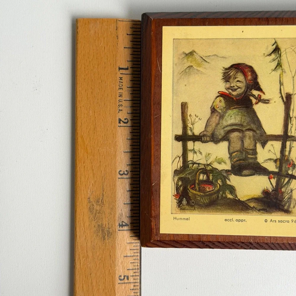 Vintage Hummel Wood Plaque Handcrafted Girl on Fence Art Old‎ World Cottagecore